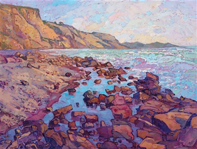 During a coastal hike at Torrey Pines, I discovered a tumble of alizarin-hued boulders scattered into the ocean.  The water was still and reflective within the shelter of the boulders, creating a dramatic vista to paint.

This painting has been framed in a hand-gilded, carved floater frame that was designed to complement the colors in this painting.  It will arrived wired and ready to hang.
