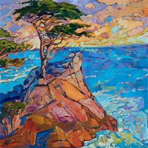 Lone Pine, an iconic viewpoint on the Monterey Peninsula, is captured here in vivid hues of sunset.

This painting has been framed in a hand-carved and gilded frame that was designed to complement the colors in this painting.  It will arrived wired and ready to hang.

This painting will be included in the exhibition <i><a href="https://www.erinhanson.com/Event/erinhansoncoastalcalifornia" target="_blank">Erin Hanson: Coastal California</i></a>, at The Erin Hanson Gallery in San Diego. The artist's reception will take place on June 24th.  If you purchase this painting online, it will be shipped to you the week of June 26th.