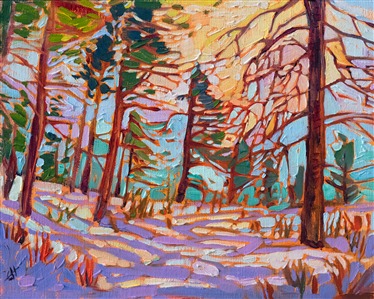 Hiking through east Zion on freshly fallen snow was an experience I'll never forget. The sun came out briefly in the middle of the day, casting long shadows of lavender across the pristine snow. The impressionistic quality of the painting captures the mood and natural beauty of the scene.

"Zion Snow" was created on 1/8" linen board, and the painting arrives framed in a hand-carved, gold plein air frame.
