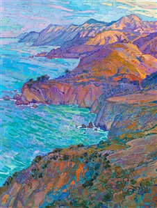 Bixby Bridge, located between Carmel and Big Sur on the California coastline, is a beautiful feat of engineering. I don't paint man-made objects very often, but this bridge gracefully fits in with the natural landscape, adding to the aesthetics of the scene. This painting captures the grandeur of Highway 1 and the vibrant colors at dawn.

"Coastal Cliffs" is an original oil painting on stretched canvas. The painting arrives framed in a 23kt burnished, gold leaf floater frame.