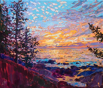 A dramatic sunrise sends scintillating light across the coastal landscape of Acadia National Park. Spruce trees grow close to the water's edge, framing the picturesque vista. The loose, impressionistic brush strokes capture the feeling of being out of doors.

"Sunscape" was created on 1-1/2" canvas, with the painting continued around the edges. The piece arrives framed in a 23kt gold leaf floater frame.