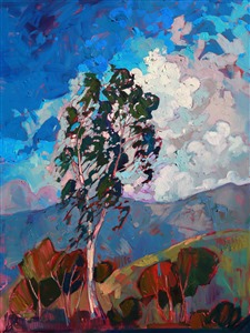There is a beautiful eucalyptus tree outside the new Erin Hanson Gallery. The light changes on it daily, the Burbank mountains sometimes glowing a deep purple and other times a light ultramarine blue. This is the first of many paintings of this "Gallery Eucalyptus."