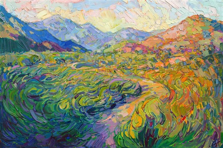 This painting captures the movement and dreamlike quality of an early spring morning.  The waving motion of the grasses seem to lull you into sleep or deeper into your imagination.  This impressionistic painting has flavors of Van Gogh.

This painting was created on gallery-depth canvas, with the painting continued around the edges of the canvas.