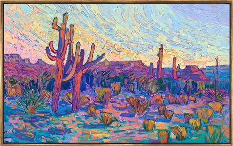 This painting of Arizona saguaros celebrates the vibrant colors of the southwest. The thick, impressionistic brush strokes create a mosaic of color and texture across the canvas, pulling your eye through the painting so that you become immersed in imagination.

"Saguaro Hues" is an original oil painting created on gallery-depth canvas. The piece arrives framed in a contemporary gold floater frame, ready to hang. 

_____ 

<b>Did you know…?</b>

* The average saguaro has a lifespan of 150 to 175 years. Biologists believe that some may live for over 200 years.
* Because of their slow growth, a saguaro often takes 50 to 70 years to grow their first arms. By the time they are 100, they typically have several arms.
* The oldest recorded saguaro grew over 40 feet tall and had 52 arms.