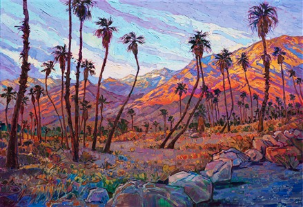 Driving to the Indian Palm Canyons early one morning at dawn, I discovered an even more beautiful vista in the stark desert landscape around me. The gray and brown mountains and palms lit up suddenly in the first morning light, reflecting a glorious celebration of color that lasted about 20 minutes, until the sun hit the valley floor and the color washed away into the mid-morning.

This painting was created on 1-1/2" canvas, with the painting continued aroudn the edges. The piece has been framed in a custom-made gold floater frame.