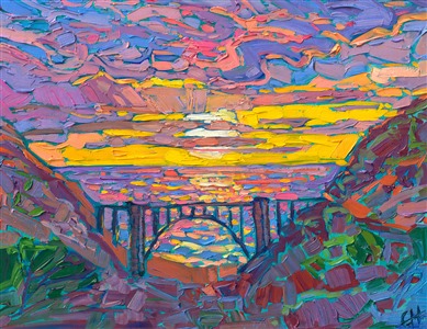 Bixby Bridge, located between Carmel and Big Sur, is captured in Hanson's signature impressionistic brush strokes and vivid color. 

The painting arrives framed in a gold plein air frame, ready to hang.

Hanson's coveted contemporary impressionistic works can be found in public and private collections spanning the globe. 