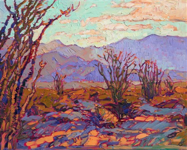 Autumn-colored ocotillo cacti decorate the high desert floor of Borrego Springs, California.  This idyllic desert destination has wonderful hiking and exploring opportunities.  I love painting the colorful scenery and dramatic backdrop of purple mountains that surround the valley.

This painting was done on 1-1/2" canvas, with the painting continued around the edges.  The painting will be framed in a 23kt gold leaf floater frame to complement the colors in the piece.  It arrives wired and ready to hang.