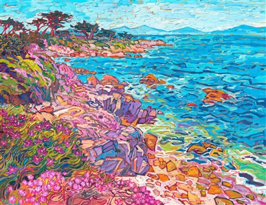 The banks of the Monterey Peninsula, near Carmel, California, are covered in bright pink ice plants in the spring. This oil painting captures the beautiful, contrasting colors of spring in Carmel, with thick, impressionistic brush strokes.

"Carmel Ice Plants" was created on 1-1/2" canvas, with the painting continued around the edges. The piece arrives framed in a contemporary gold floater frame.