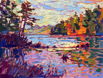 Flames of autumn color are reflected in the lake waters of Acadia National Park, in Maine. The impasto brush strokes capture the vibrant beauty of the outdoors on a petite-sized canvas.

"East Coast Flame" was created on linen board, and the oil painting arrives framed in a classic plein air frame, ready to hang.
