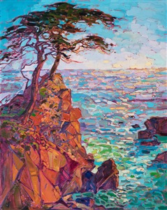 Radiant sunset light filters down onto the seascape near Monterey.  The wind-sculpted cypress trees reach out across the rocky bay.  Each brush stroke is a statement of color and motion, merging together to form a scintillating mosaic of light and texture across the canvas.

This painting was done on 1-1/2" deep canvas, with the painting continued around the edges for a finished look.  Framing is available upon request.