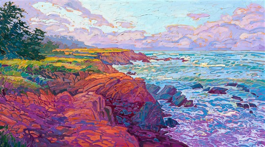 Pebble Beach at dawn is a glorious sight - the warm hues of sunrise cast a glow of orange, purple, and yellow across the landscape. This large painting captures the wide expanse of the vista and is the next best thing to being there in person!

"Pebble Beach Light" was created on 1-1/2" canvas, with the painting continued around the edges. The piece arrives framed in a contemporary floater frame finished in 23kt gold, ready to hang.
