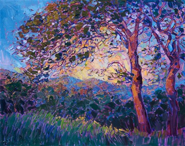 Delicate colored light plays through these oak trees, dancing in and out of the criss-crossing branches.  The changing light appears to have a mosaic effect when seen through the trees.  The oil paint is applied in thick, textural strokes, creating a beautiful painterly scene.


