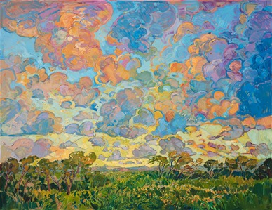 Thick brush strokes of swirling, vibrant oil capture this dawning landscape. Inspired by the wide-open countryside of Texas hill country, the painting captures the warmth and transient beauty of an early sunrise with loose, impressionistic brush strokes.

This painting was done on 1-1/2" canvas, with the painting continued around the edges. The painting arrives framed in a hand-carved gold floater frame (<a href="https://www.erinhanson.com/blog?p=aboutframes" target=_"blank">open impressionist frame</a>).