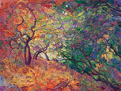 Inspired by a hike through southern Utah, this painting captures the low, overhanging branches of the gnarled cottonwoods.  In early autumn, the cottonwoods had mostly dropped their leaves, and the red dirt path was covered in coin-shaped golden drops of color. The day had been drenched in rain, saturating all the colors and covering the canyon floor with a fresh bed of leaves.

This painting was created over 24 karat gold leaf, applied directly to the canvas as an "underpainting."  The thin sheets of genuine gold gleam with subtle light from between the brush strokes, catching the eye and making the painting seem to glow from within. 

Like all the <a href="https://www.erinhanson.com/Portfolio?col=24_Karat_Collection">24 Karat Collection</a> paintings, this piece was painted on 3/4" canvas and arrives framed in a classic gilded frame, ready to hang.