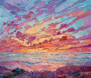 Dramatic hues of sapphire and lilac dance across the sky in this wall-sized painting of Torrey Pines, in San Diego.  Scintillating light vibrates on the surface of the ocean, pulling you in towards the horizon.  Each brush stroke is alive with motion and texture, coming together to form an impressionistic vision of a coastal sunset. 

This painting has been framed in a hand-gilded floater frame that was designed to complement the colors in this painting.  It will arrived wired and ready to hang.
