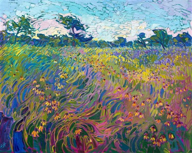 You can almost smell the heady scent of sweet wildflowers rising in the warm air in this oil painting of Texas hill country. The impressionistic brush strokes capture the vivid beauty of spring.

"Wildflower Lights" was created on 1-1/2" canvas, with the painting continued around the edges. The painting arrives framed in a contemporary gold floater frame.