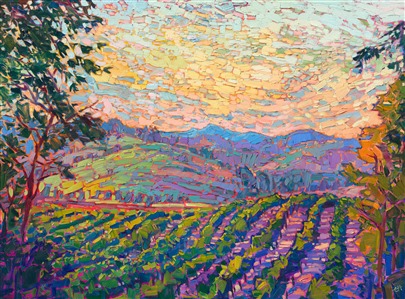 Oregon's Willamette Valley is filled with colorful, cultivated fields rolling up and down the hilly landscape. This painting captures the beauty of the northwest with bold, textured brush strokes and lively hues of apple green, butter yellow, and salmon pink.

"Cultivated Hills" is an original oil painting created on stretched canvas. The piece arrives framed in a gold floater frame, ready to hang.