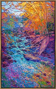 The Blue Ridge Mountains in full autumn glory is a sight everyone should see once. Did you know more people visit Blue Ridge Parkway than any other National Park in America? In fact, it is known as "America's Favorite Drive." This painting captures it all -- brilliant color, baby blue skies, and delicate creeks that reflect the fall colors all around.