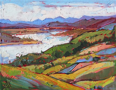 This painting captures Lake Naciamento, near Paso Robles, with loose brush strokes and vivid color.