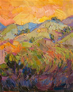 Citrus colors blend like edible frosting across the sunset sky in this minute painting of Paso Robles. The brush strokes are thick and luscious in their texture.

This small oil painting arrives framed and ready to hang.