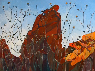 Original oil painting of Valley of Fire, north of Las Vegas. The desert wildflowers cut abstract shapes into the red sandstone boulder.