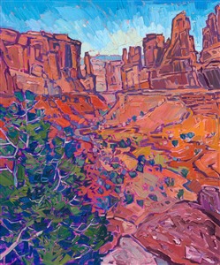 Bold, impressionistic colors capture Arches National Park the way it feels to be standing at the first viewpoint in Arches, looking down at the red rock valley, surrounded by mighty, surreal fins and buttes. This painting captures all the beautiful colors of southwestern Utah.

"Arches Color" is an original oil painting created on linen board. The piece arrives framed in a black and gold plein air frame, ready to hang.