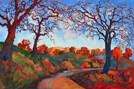 When exploring the California countryside, I always try to catch the first morning light as it cuts across the rolling hills. I love the contrast of the warm morning light against the cool dark hillsides still wet with evening mist. This is a painting of gnarled autumn oaks in Paso Robles, California.