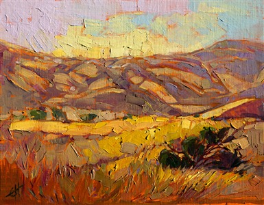 Terra cotta colors of summer merge with lavender shadows, in this painting of east Paso Robles. Each brush stroke adds a layer of color and motion to this minute oil painting.

This small oil painting arrives framed and ready to hang.