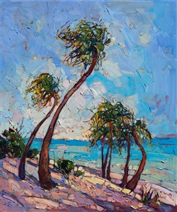 Hiking along the white sand beaches of Puerto Rico in early morning inspired this painting of tropical paradise.  The thick brush strokes of the oil paint lend a feeling of spontaneity and light to the painting.  The painting was done over 24 karat gold leaf, which sparkles and gleams beneath the paint.

This painting has been framed in a beautiful, museum-quality frame and will arrive ready to hang.  The second photograph above shows how the painting looks hanging in gallery spot lighting.