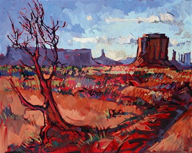 Reds and purples of Monument Valley captured in loose brush strokes.