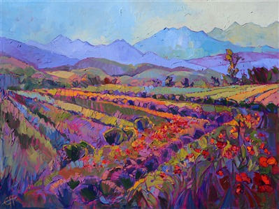Lavender rows and poppy fields arrange themselves in organized color before the dramatic mountain ranges of Sequim, Washington. The brush strokes in this painting are thick and impressionistic, full of texture and motion.