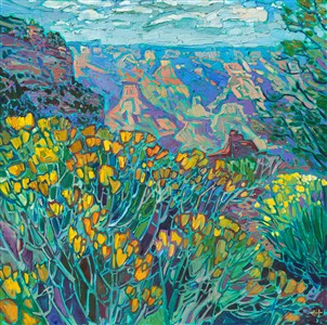 Yellow wildflowers bloom in abundance along the rim of the Grand Canyon in this painting by Erin Hanson. This work was done in Hanson's signature Open Impressionism style, with loose and confident brush strokes that do not overlap, creating a mosaic of color and texture across the canvas. 

"Canyon Blooms" is an original oil painting on stretched canvas. The piece arrives framed in a gold floater frame, ready to hang.