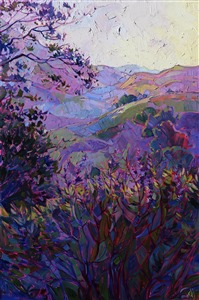 Lush purple shadows cover these hills of Paso Robles in layers of color and light, the perfect backdrop to enjoy a glass of wine. This impressionist painting captures the mood and feeling of being outdoors, bringing wine country to your own home.