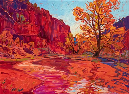 About the painting:
About a day's hike east of Kolob Canyon, you end up in Hop Valley wash. For many miles, the trans-Zion trail leads you through soft, orange sand. The rivulets of water running through the wash reflect the surrounding cliffs and cottonwoods.

"Hop Valley Wash" was created on gallery-depth canvas, with the painting continued around the edges. The piece arrives framed in a contemporary gold floater frame.