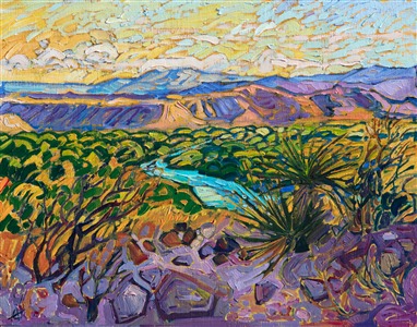 The Rio Grande peeks between the surrounding trees, seen from the top of a plateau. The last color of daylight spreads across the wide landscape, casting a warm glow across the vista.

This painting will be on display at the Museum of the Big Bend, during the solo exhibition <i><a href="https://www.erinhanson.com/Event/MuseumoftheBigBend" target="_blank">Erin Hanson: Impressions of Big Bend Country.</a></i> This painting will be ready to ship after January 10th, 2019. <a href="https://www.erinhanson.com/Portfolio?col=Big_Bend_Museum_Show_2018">Click here</a> to view the collection.

This painting has been framed in a custom-made gold frame. The painting arrives ready to hang.
