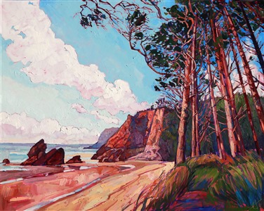 Exploring the Oregon and Washington coasts in July brought many new landscapes that will play under Erin's paintbrush. This painting was inspired by the coast just north of Tillamook. The brush strokes are thick and impressionistic, full of color and motion.