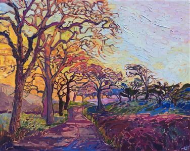 This painting was inspired by my trip to Paso Robles last fall. As you know, I love painting California wine country and discovering new color combinations and unique oak trees to compose paintings with. This painting captures all the beauty of a California wine country dawn, with loose, painterly brush strokes.

