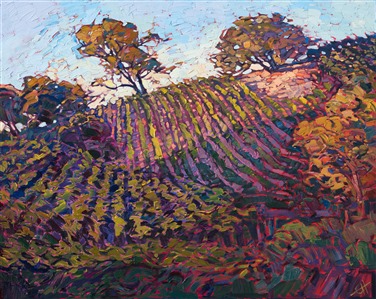 Rows of vineyards sparkle with color on the rolling hills of Paso Robles. The pinot vines are warm with late afternoon light, beckoning you to spend a day relaxing among the vineyards. The brush strokes are loose and impressionistic, capturing a fleeting memory of time.

This painting was done on 1-1/2" canvas, with the painting continued around the edges. The piece has been framed in a gold floater frame and arrives ready to hang.