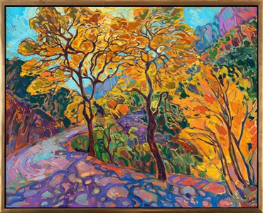 Cottonwood trees love growing near water, and they give Zion's canyon wash beautiful shade and pops of color in the autumn. This painting captures the cottonwood trees in October in Zion National Park.

<b>Note:
"Cottonwood Shadows" is available for pre-purchase and will be included in the <i><a href="https://www.erinhanson.com/Event/SearsArtMuseum" target="_blank">Erin Hanson: Landscapes of the West</a> </i>solo museum exhibition at the Sears Art Museum in St. George, Utah. This museum exhibition, located at the gateway to Zion National Park, will showcase Erin Hanson's largest collection of Western landscape paintings, including paintings of Zion, Bryce, Arches, Cedar Breaks, Arizona, and other Western inspirations. The show will be displayed from June 7 to August 23, 2024.

You may purchase this painting online, but the artwork will not ship after the exhibition closes on August 23, 2024.</b>
<p>