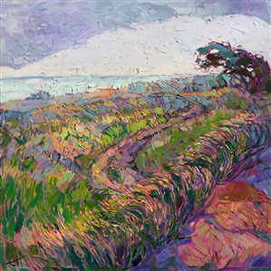 A layer of fog moves over this coastal landscape, letting the early morning light cast its warm hues across the springtime grasses.  This painting was inspired by the coastline near Cambria, in central California.

This painting was created on museum-depth canvas, with the painting continued around the edges of the stretched canvas. It arrives ready to hang without a frame. (Please contact the artist if you would like information on framing options.)