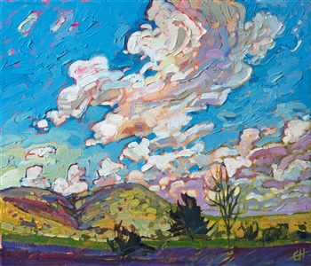 A flurry of fluffy clouds floats over the rounded hillsides of Big Bend Country, near Alpine, Texas.  The spring-green hills seem to glint with a multitude of hues in the bright daylight. The brush strokes in this petite painting are loose and impressionistic, alive with motion and energy.

This painting will be on display at the Museum of the Big Bend, during the solo exhibition <i><a href="https://www.erinhanson.com/Event/MuseumoftheBigBend" target="_blank">Erin Hanson: Impressions of Big Bend Country.</a></i> This painting will be ready to ship after January 10th, 2019. <a href="https://www.erinhanson.com/Portfolio?col=Big_Bend_Museum_Show_2018">Click here</a> to view the collection.

This painting has been framed in a custom-made gold frame. The painting arrives ready to hang.