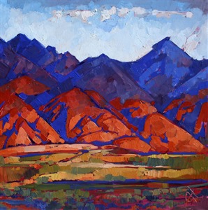 Dramatic oil painting of Nevada mountains at sunset.