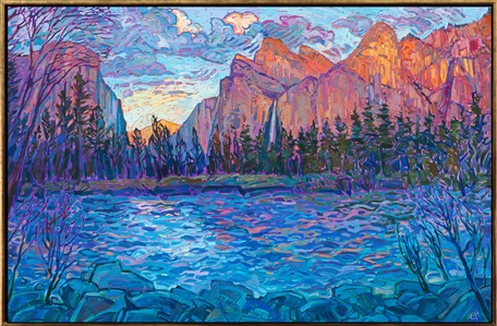 The famous cliffs of Yosemite National Park are captured in vibrant, impressionistic color by artist Erin Hanson. The thick, impasto paint adds texture and movement to the piece, making it come alive on the canvas and drawing the eye deeper into the scene.

<b>Note:
"Yosemite Impression" is available for pre-purchase and will be included in the <i><a href="https://www.erinhanson.com/Event/SearsArtMuseum" target="_blank">Erin Hanson: Landscapes of the West</a> </i>solo museum exhibition at the Sears Art Museum in St. George, Utah. This museum exhibition, located at the gateway to Zion National Park, will showcase Erin Hanson's largest collection of Western landscape paintings, including paintings of Zion, Bryce, Arches, Cedar Breaks, Arizona, and other Western inspirations. The show will be displayed from June 7 to August 23, 2024.

You may purchase this painting online, but the artwork will not ship after the exhibition closes on August 23, 2024.</b>
<p>
