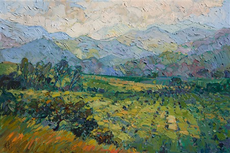 Central California's wine country is beautiful in the early morning, when the coastal mists start to rise from the cool hillsides.  This painting was inspired by a dawn drive around the landscape surrounding Los Olivos, California.

This painting was created on museum-depth canvas, with the painting continued around the edges of the stretched canvas. The painting arrives ready to hang, with framing optional.