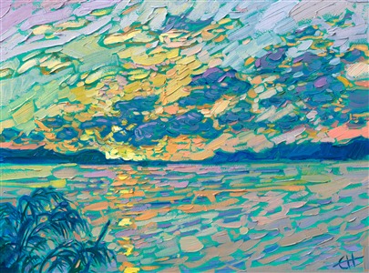 These turquoise waters were inspired by a sunset in Clearwater, Florida. The Florida palms in the foreground draw you into the vista of clouds and reflected color. Each brush stroke is placed with free, confident motion, without overlapping, in the Open Impressionism style.

"Florida Reflections" is an original oil painting on linen board. The piece arrives in a 4"-wide, black and gold frame.

This piece will be displayed in Erin Hanson's annual <i><a href="https://www.erinhanson.com/Event/petiteshow2023">Petite Show</i></a> in McMinnville, Oregon. This painting is available for purchase now, and the piece will ship after the show on November 11, 2023.