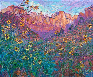 Zion National Park is captured in bold, impressionistic color, in Hanson's iconic Open Impressionism style. The brush strokes are thickly applied without overlapping, creating a mosaic of color and texture across the canvas. This large painting re-creates all the grandeur of southern Utah.