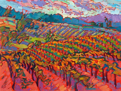 Rolling hills with layers of vineyards breathe color into the landscape every October in Oregon's wine country. Thick brush strokes lay down expressive strokes of color onto the canvas. This petite work arrives framed and ready to hang.

This piece will be displayed in Erin Hanson's annual <i><a href="https://www.erinhanson.com/Event/petiteshow2023">Petite Show</i></a> in McMinnville, Oregon. This painting is available for purchase now, and the piece will ship after the show on November 11, 2023.