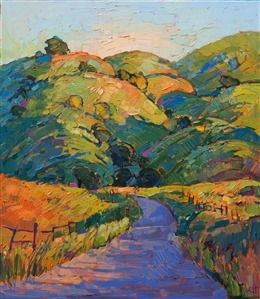 Rollicking color and impasto brushstrokes capture the vivacity of Paso Robles in the springtime. The lush green of the rolling hills is a bright contrast against the dark hues of the California oak trees.  The painting has a natural rhythm and motion that mirrors the beauty found out of doors.

This painting was done on 1-1/2" deep canvas, with the painting continued around the sides of the canvas.