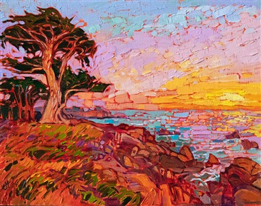 This painting captures a beautiful sunrise near Lover's Point, in Monterey, California. The warm colors of dawn reflect across the waters, scintillating with motion and light. The brush strokes in this oil painting are thickly applied, creating a stained glass effect upon the canvas.

"Monterey Waters" was created on fine linen board. The painting arrives framed in a custom-made, gold plein air frame.
