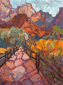 Zion National Park is full of color year-round.  In the spring the yellow sunflower wildflower family covers the desert floor with a kiss of gold.  This painting captures the spring view of Zion from the campground.

This painting was created on 3/4" canvas and arrives framed in a classic gold frame, ready to hang.


